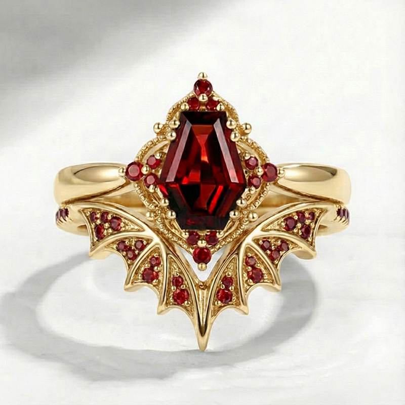 Sotiya Vintage Gothic Bat Coffin Cut Wedding Bridal Ring Set Sterling Silver-Sotiya