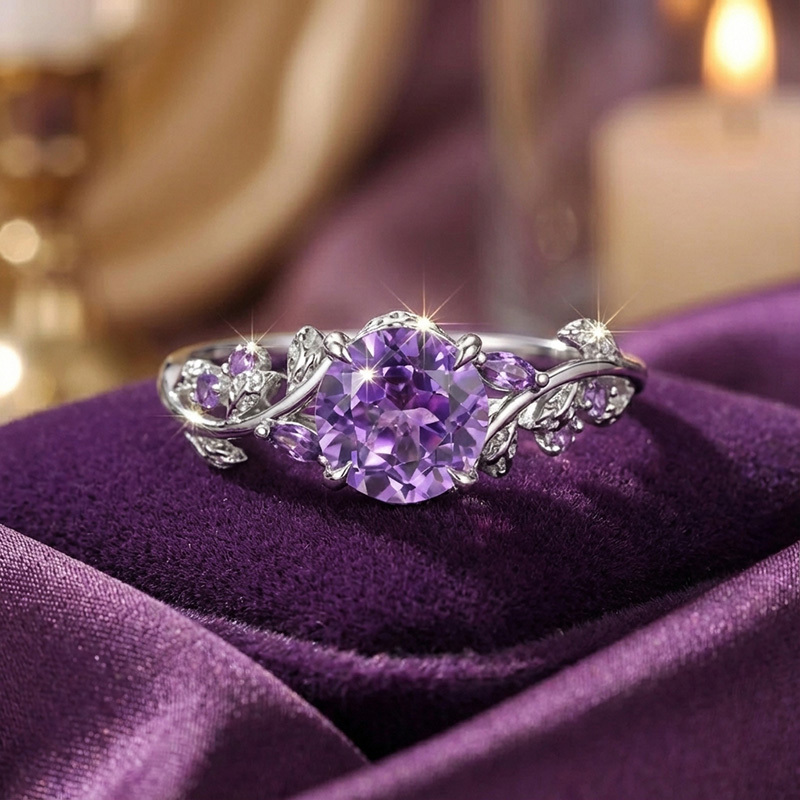 Sotiya Nature Inspired Leaf Round Cut Amethyst Engagement Ring Sterling Silver-Sotiya