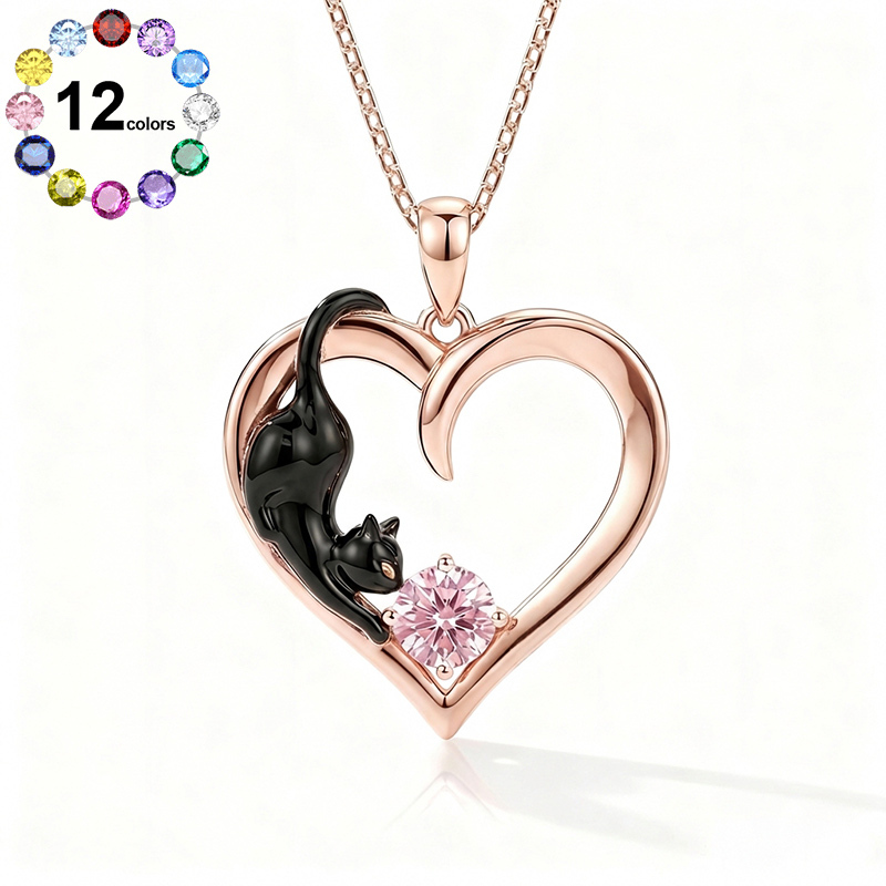 Sotiya 12 Birthstones Custom Engraving Heart Black Cat Round Cut Necklace Sterling Silver-Sotiya