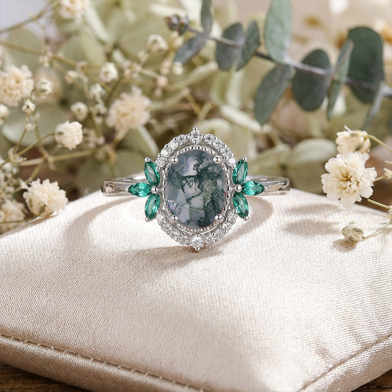 Sotiya Art Deco Moss Agate Oval Cut Engagement Ring Sterling Silver-Sotiya