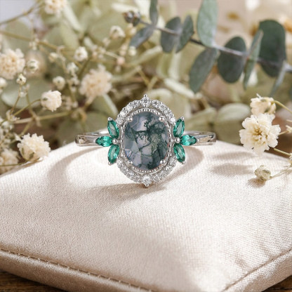 Sotiya Art Deco Moss Agate Oval Cut Engagement Ring Sterling Silver-Sotiya
