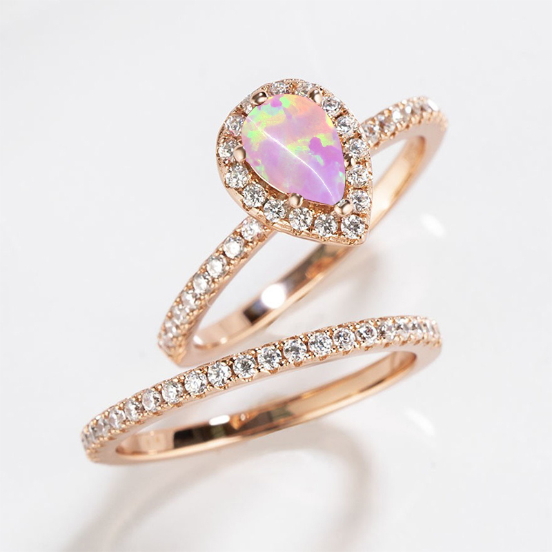 Sotiya Pear Cut Opal Rose Gold Halo Wedding Bridal Ring Set Sterling Silver-Sotiya