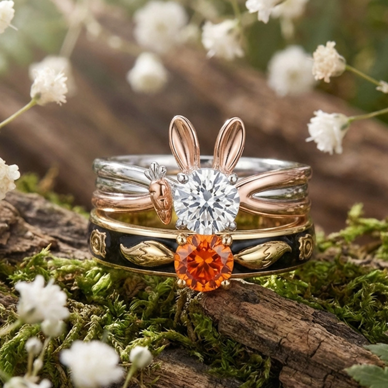 Animal City Bunny and Fox Inspired Round Cut Couple Rings-Sotiya