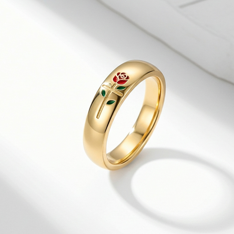 Sotiya Enchanted Red Rose Design Enamel Faith Cross Wedding Ring Band Sterling Silver-Sotiya