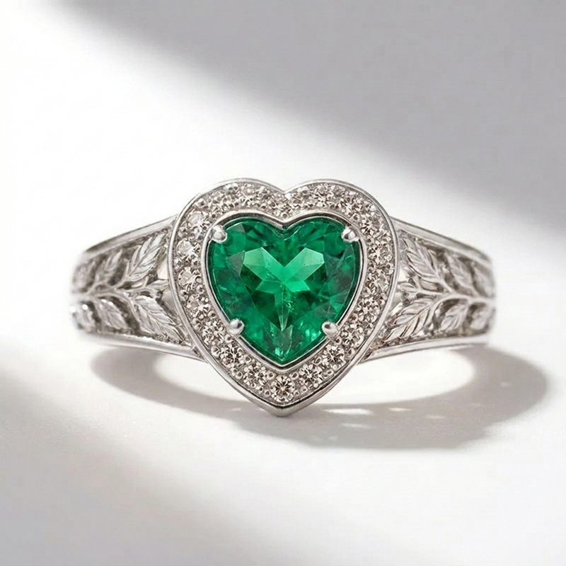 Sotiya Halo Heart Cut Vintage Leaf Emerald Green Engagement Ring Sterling Silver