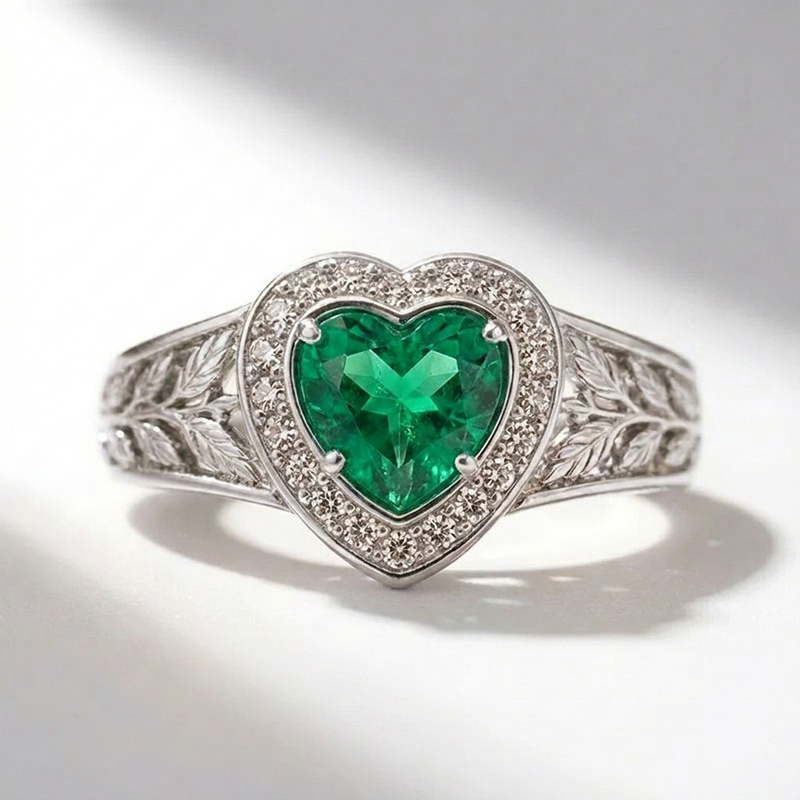 Sotiya Halo Heart Cut Vintage Leaf Emerald Green Engagement Ring Sterling Silver