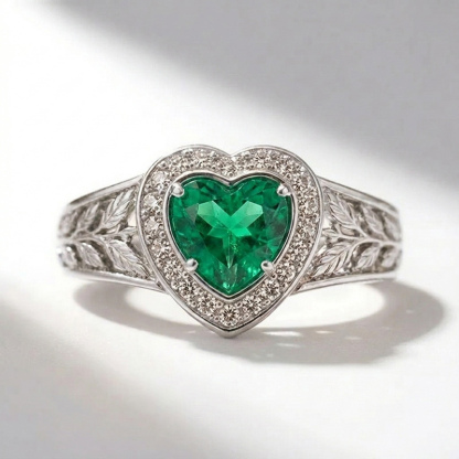 Sotiya Halo Heart Cut Vintage Leaf Emerald Green Engagement Ring Sterling Silver
