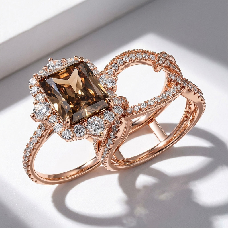 Sotiya Twist Coffee Radiant Cut Enhancer Wedding Bridal Ring Set Sterling Silver