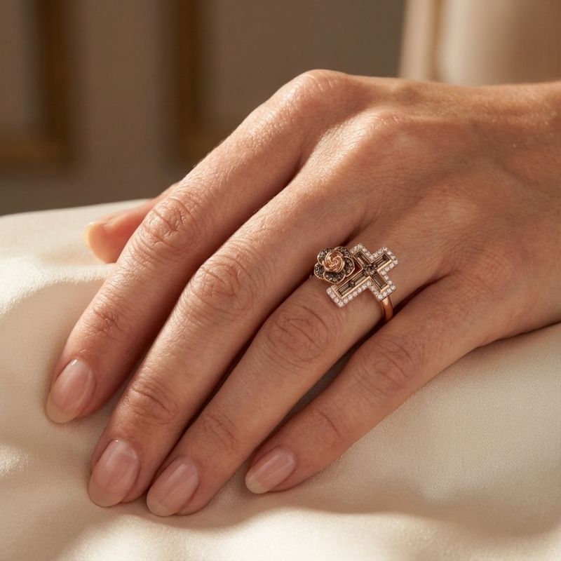 Sotiya Rose Design Faith Cross Coffee Cocktail Ring Sterling Silver-Sotiya