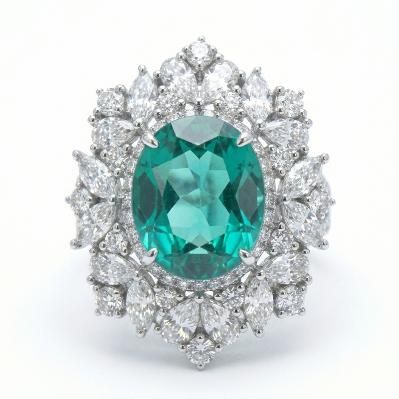 Sotiya Unique Halo Lab Grown Paraiba Oval Cut Cocktail Ring Sterling Silver