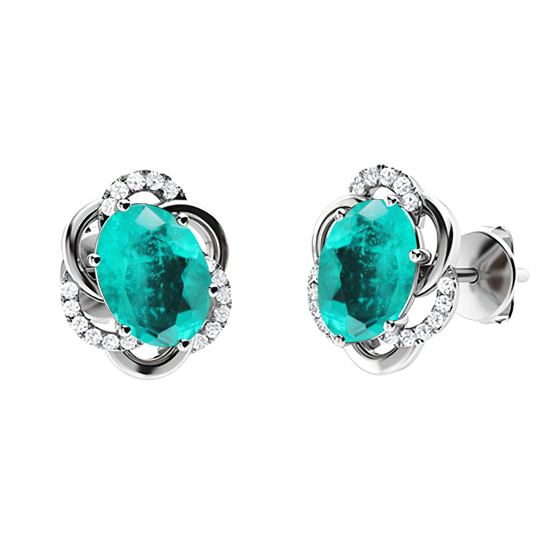 Sotiya Oval Cut Paraiba Halo Flower Petal Design Stud Earrings Sterling Silver-Sotiya