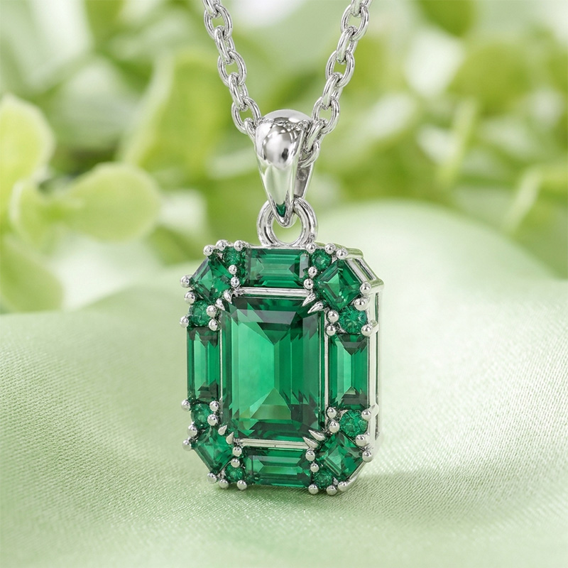 Sotiya Halo Radiant Cut Emerald Green Necklace Sterling Silver