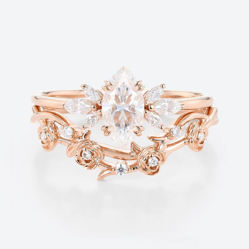 Sotiya Vintage Floral Marquise Cut Wedding Bridal Ring Set Sterling Silver-Sotiya