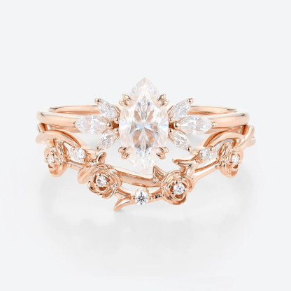 Sotiya Vintage Floral Marquise Cut Wedding Bridal Ring Set Sterling Silver-Sotiya