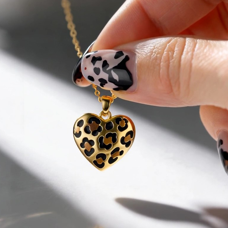 Sotiya Heart Leopard Print Coffee Enamel Necklace Sterling Silver