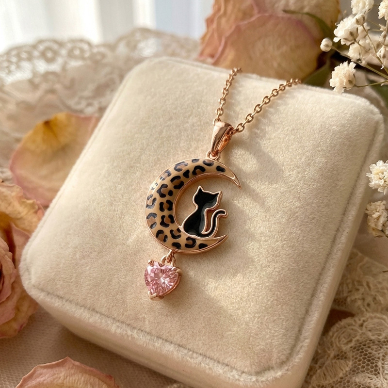 Sotiya Black Cat on Leopard Print Moon Pink Heart Pendant Necklace Sterling Silver-Sotiya