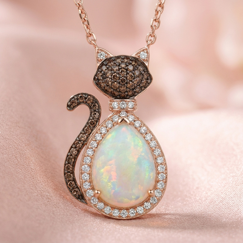 Sotiya Cat Design Halo Opal Pear Cut Coffee Necklace Sterling Silver-Sotiya
