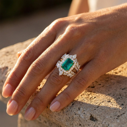 Sotiya 3PC Halo Emerald Cut Wedding Bridal Ring Set Sterling Silver-Sotiya