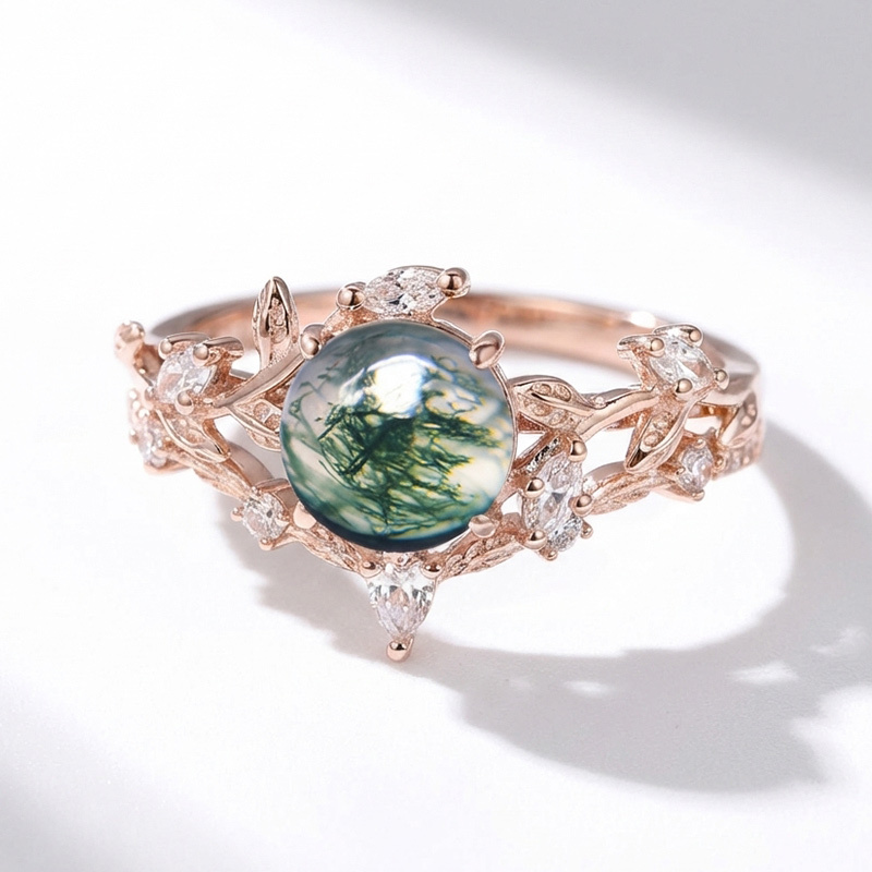 Sotiya Nature Inspired Leaf Moss Agate Round Cut Engagement Ring Sterling Silver-Sotiya