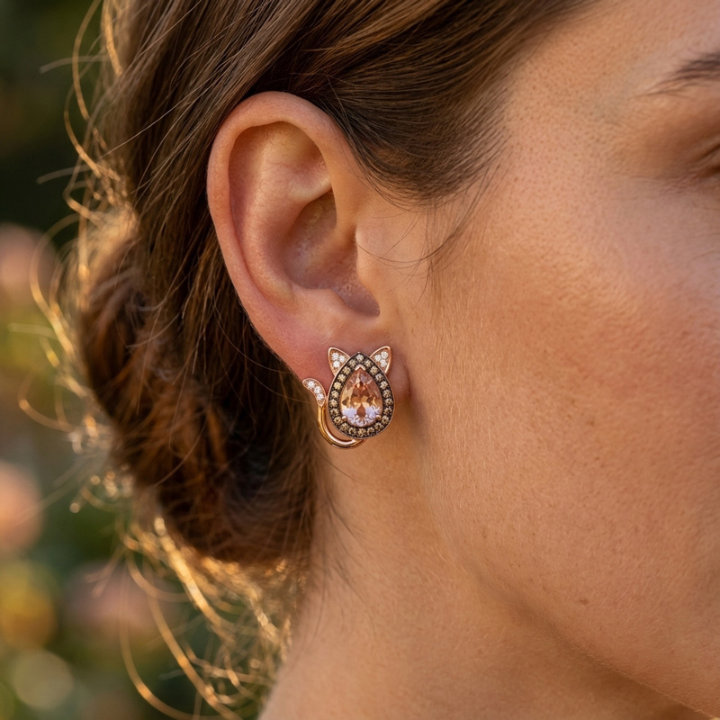 Sotiya Cat Design Halo Synthetic Morganite Pear Cut Coffee Stud Earrings Sterling Silver-Sotiya