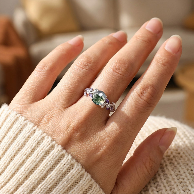 Sotiya Nature Inspired Leaf Round Cut Moss Agate Engagement Ring Sterling Silver-Sotiya