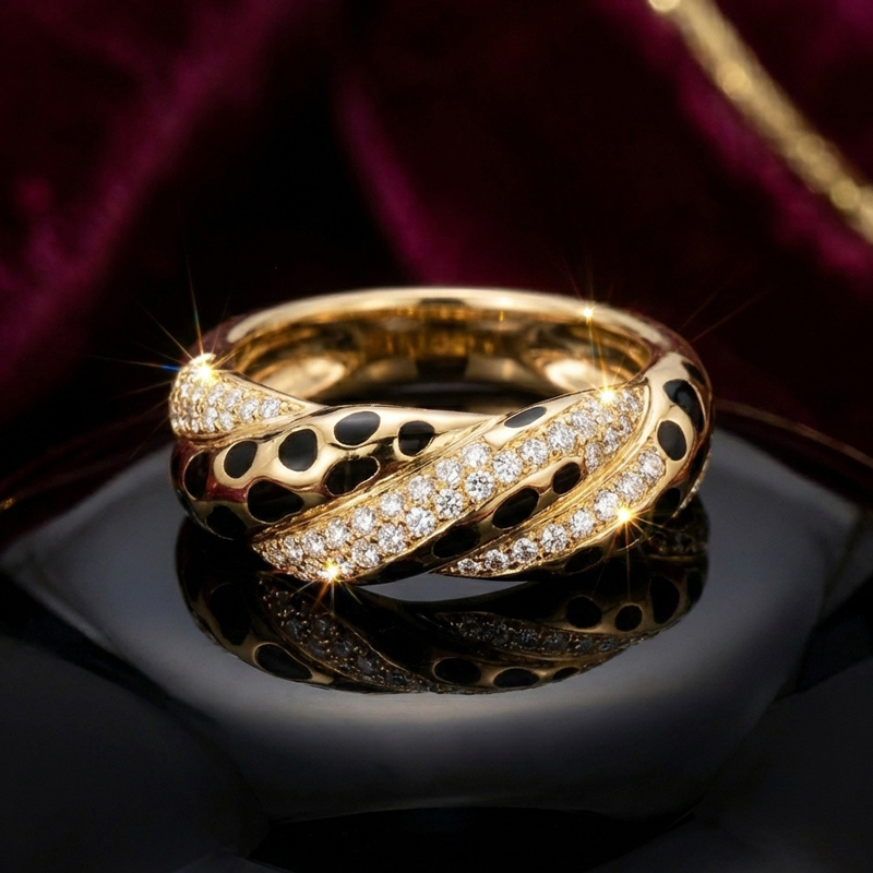 Sotiya Twist Leopard Print Black Enamel Ring Sterling Silver-Sotiya