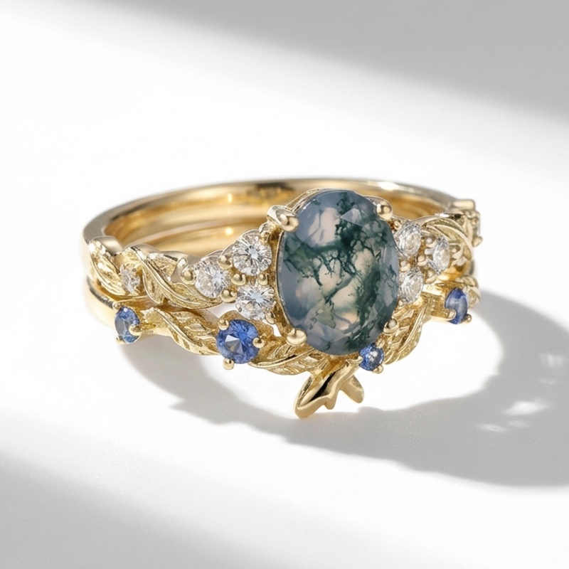 Sotiya Leaf Cluster Moss Agate Oval Cut Wedding Bridal Ring Set Sterling Silver-Sotiya