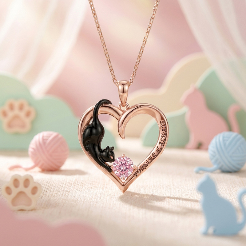 Sotiya 12 Birthstones Custom Engraving Heart Black Cat Round Cut Necklace Sterling Silver-Sotiya