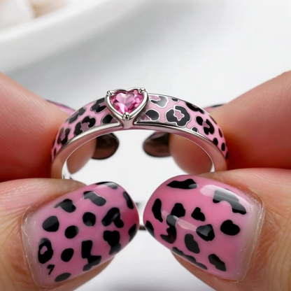 Sotiya Heart Cut Pink Leopard Print Enamel Ring Sterling Silver-Sotiya