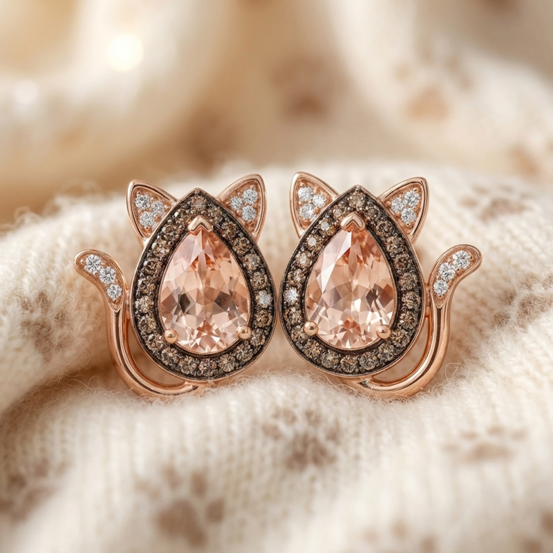 Sotiya Cat Design Halo Synthetic Morganite Pear Cut Coffee Stud Earrings Sterling Silver-Sotiya