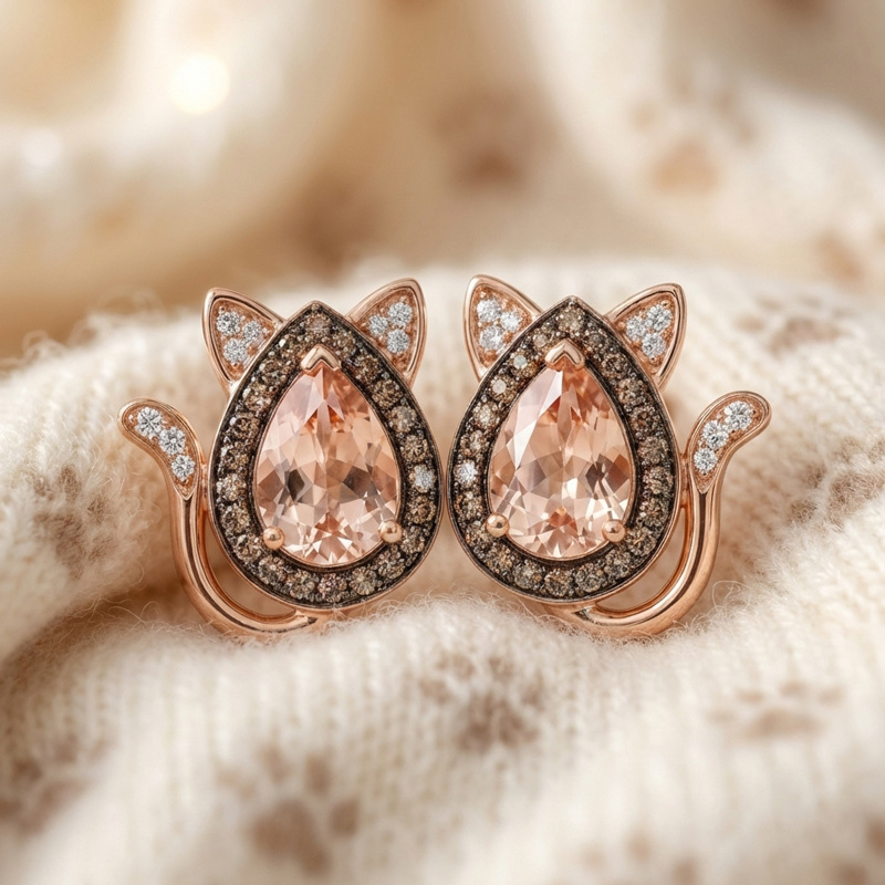 Sotiya Cat Design Halo Synthetic Morganite Pear Cut Coffee Stud Earrings Sterling Silver-Sotiya