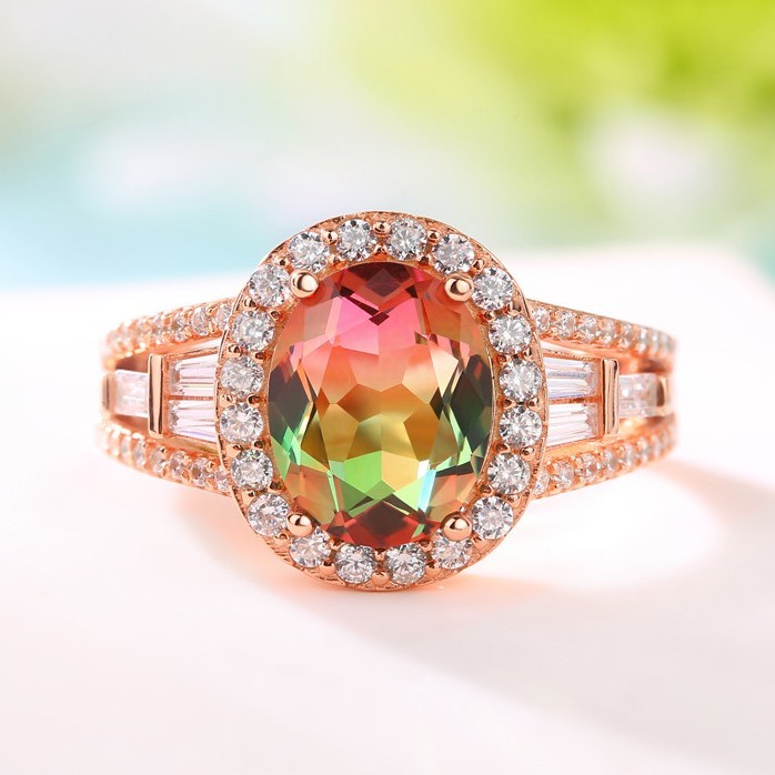 Sotiya Oval Cut Watermelon Rose Gold Halo Engagement Ring Sterling Silver-Sotiya