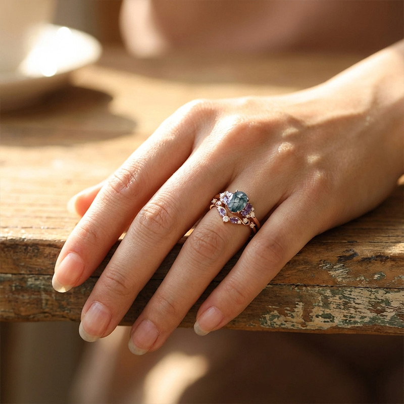 Sotiya Sidestones Cluster Moss Agate Oval Cut Wedding Bridal Ring Set Sterling Silver-Sotiya