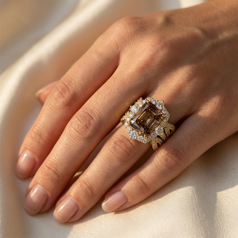 Sotiya Twist Coffee Radiant Cut Enhancer Wedding Bridal Ring Set Sterling Silver