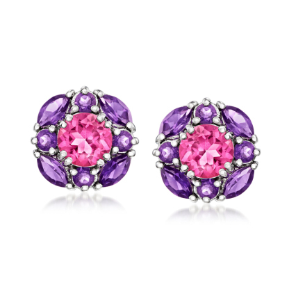 Sotiya Halo Amethyst and Hot Pink Round Cut Stud Earrings Sterling Silver
