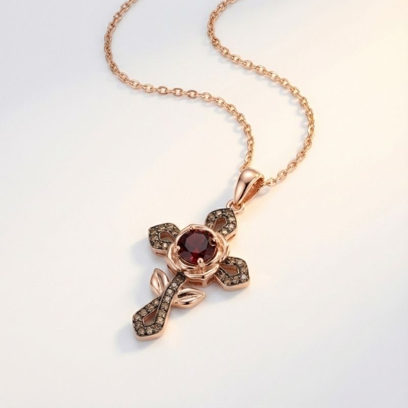 Sotiya Rose Design Faith Cross Coffee Round Cut Necklace Sterling Silver-Sotiya