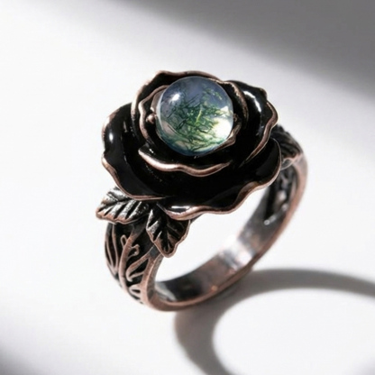 Sotiya Gothic Flower Black Enamel Round Cut Moss Agate Cocktail Ring Sterling Silver-Sotiya