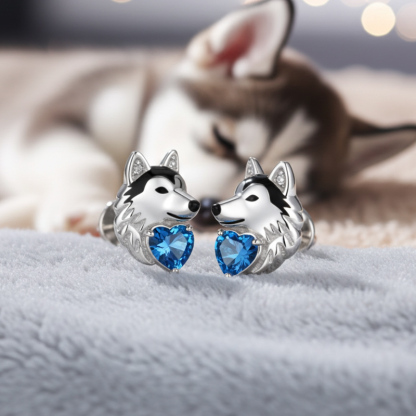 Sotiya Husky Dog Embraces Love Heart Stud Earrings-Sotiya