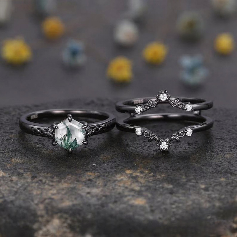 Sotiya Vintage Art Deco Hexagon Cut Green Moss Agate Enhancer Wedding Bridal Ring Set Sterling Silver-Sotiya