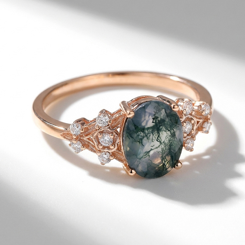 Sotiya Floral Sidestones Moss Agate Oval Cut Engagement Ring Sterling Silver-Sotiya