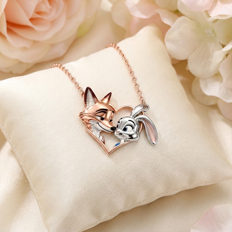 Animal City Bunny and Fox Inspired Couple Heart Necklace-Sotiya