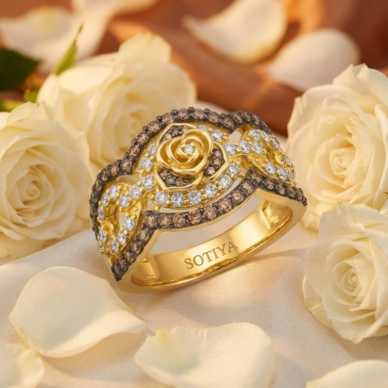 Sotiya Wide Rose Design Coffee Women's Wedding Ring Sterling Silver-Sotiya