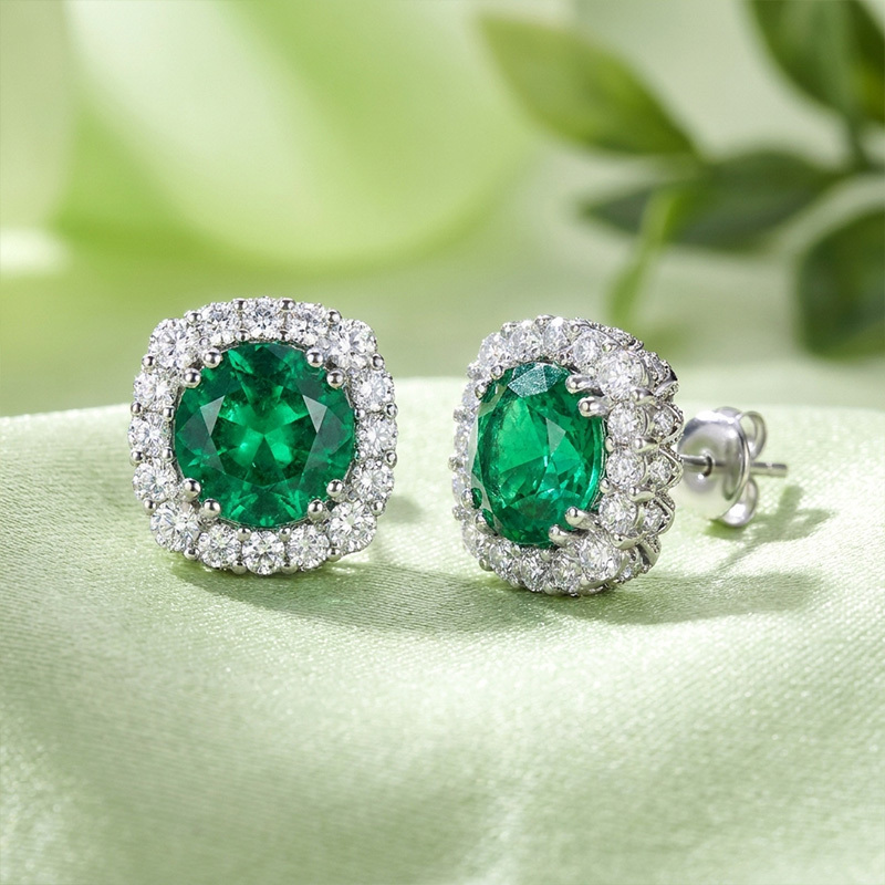 Sotiya Emerald Green Round Cut Halo Stud Earrings Sterling Silver