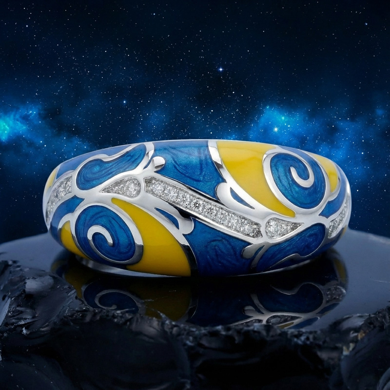 Sotiya Artist Collection Famous Painting Starry Night Inspired Enamel Women's Wedding Ring Sterling Silver-Sotiya