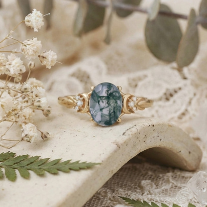 Sotiya Moon Design Moss Agate Oval Cut Engagement Ring Sterling Silver-Sotiya