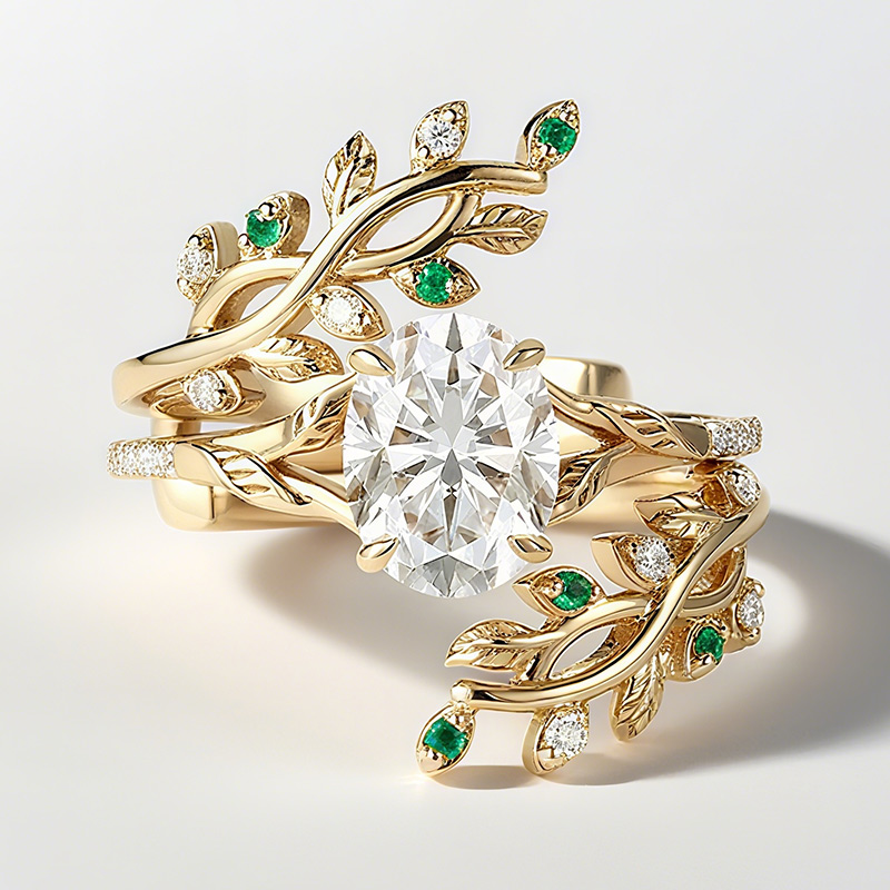 Sotiya Oval Cut Vine Leaf Design Wedding Bridal Ring Set Sterling Silver