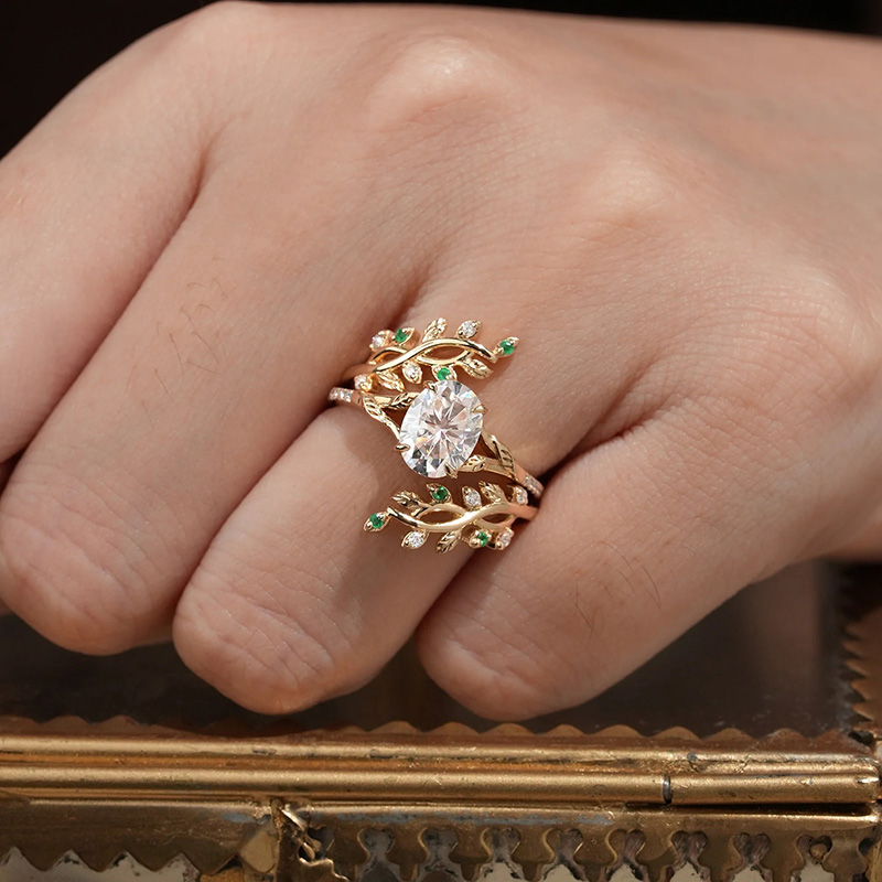 Sotiya Oval Cut Vine Leaf Design Wedding Bridal Ring Set Sterling Silver