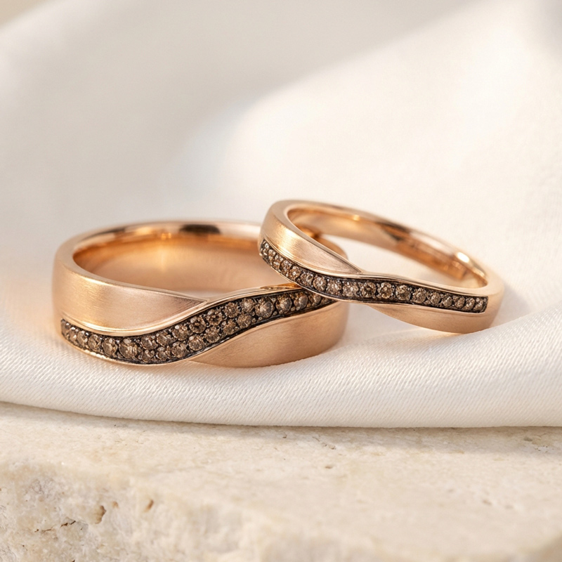 Sotiya Wave-shaped Round Cut Coffee Couple Rings Sterling Silver