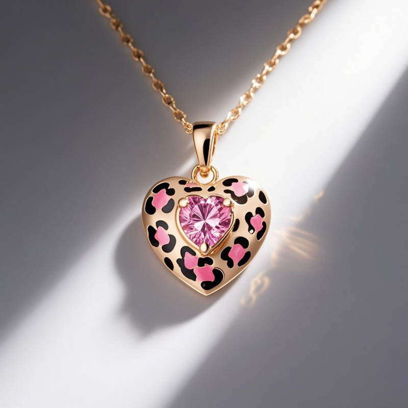 Sotiya Heart Cut Pink Leopard Print Coffee Enamel Necklace Sterling Silver-Sotiya