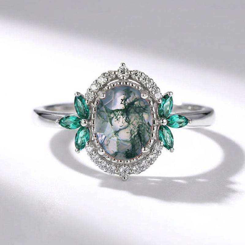 Sotiya Art Deco Moss Agate Oval Cut Engagement Ring Sterling Silver-Sotiya